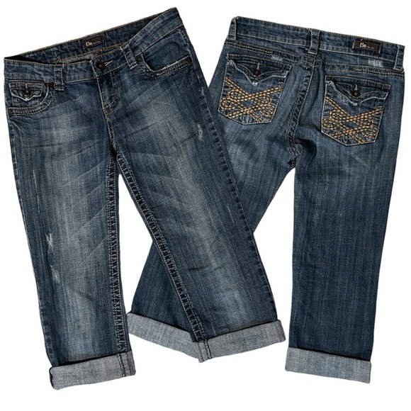 Malibu Women's Juniors Size 5 Blue Cropped Distressed Dark Stretch Denim Jeans - Picture 1 of 15